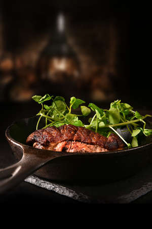 Roasted wild duck breasts in wrought iron skillet with fresh watercress salad shot against a rustic...