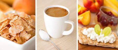 collage of three breakfast pictures coffee cup, cornflakes and crispbreadの写真素材