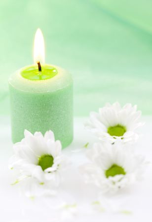 candle with three blossom in front of green backgroundの写真素材