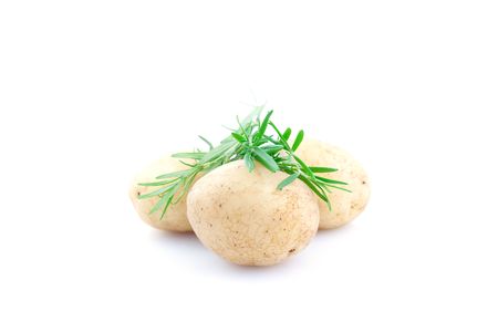 potatoes and rosemary isolated on white の写真素材