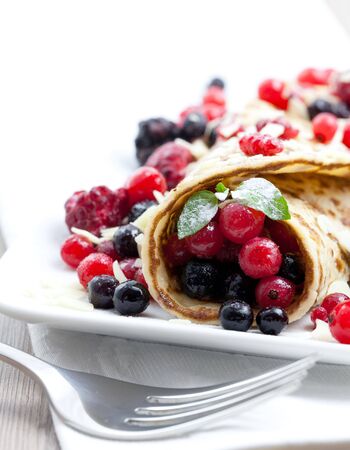 closeup of a pancake with fruit  の写真素材