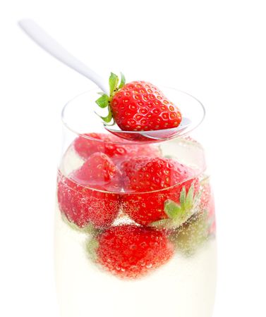 closeup of sparkling wine with strawberry の写真素材