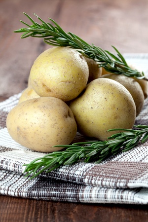 fresh potatoes with rosemary on dishtowel の写真素材
