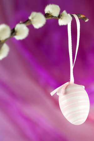 pink easter egg on pussy willow twig の写真素材