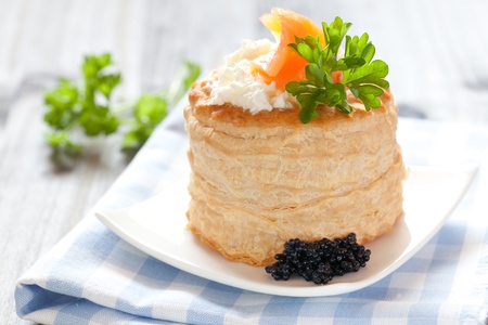 fresh vol au vent with cream cheese and salmon の写真素材