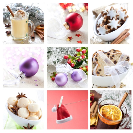 collage for christmas with cookies, mulled wine and ornamentsの写真素材