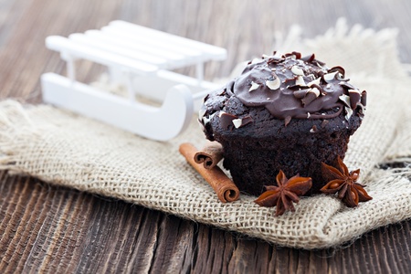 chocolate muffin for christmas with decorationの写真素材