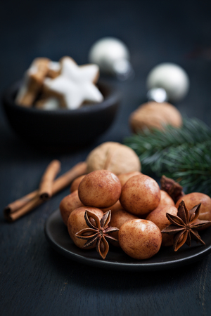 marzipan confectionery on a plate for christmas の写真素材