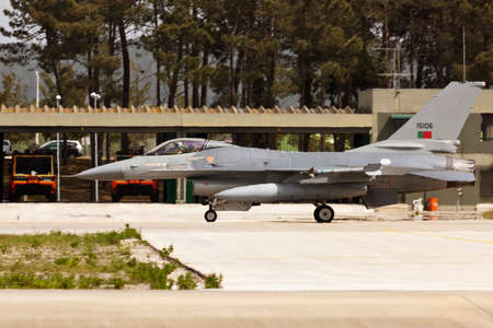 MONTE REAL, PORTUGAL-APRIL 7: Portuguese F16 taxing. Participating in Real Thaw Nato exercise at...