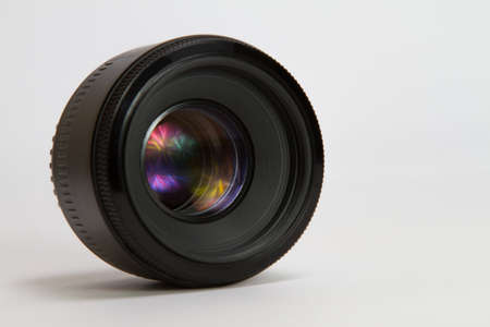 50 mm photographic lens against white backgroundの写真素材