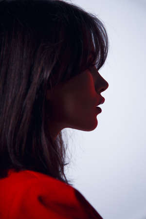 Portrait in profile of a beautiful sexy brunette model, dressed in red suit, elegant hairstyle,...