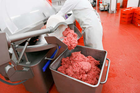 Raw meat minced in an industrial process factory stored in a stainless steel crate at a processing.の写真素材