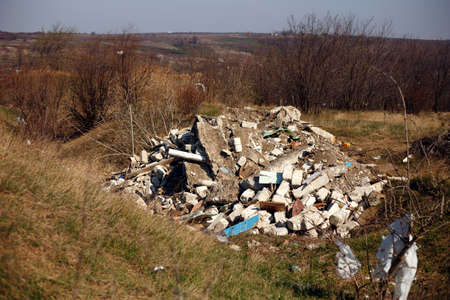 Horizotal view. Garbage dump, waste dumped. Concept about nature pollution.