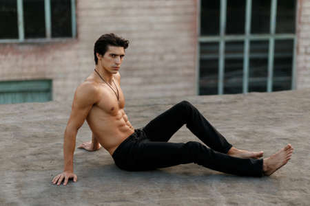 Portrait of a strength handsome man with muscular body posing at old black roof.の写真素材