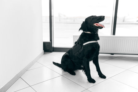 Frame view of a big black dog for drug detection at the airport on the floor.の写真素材