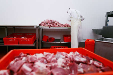 Back of a anonymous worker in meat factory, chopped a beef meat in pieces, industry of a processing...
