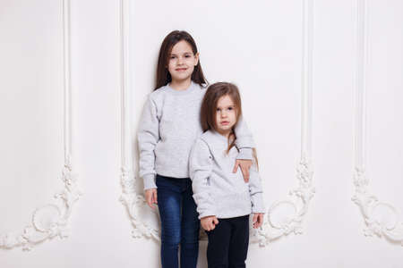 Two adorabile littel girl in sweater and jeans, posing together on white background, smiling. Posing in studio.の写真素材