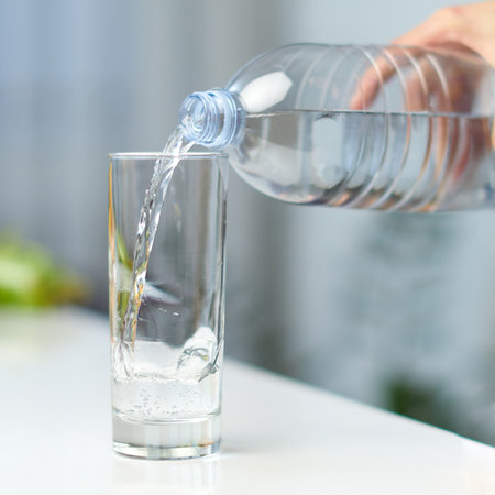 Closeup image of a female hand holding drinking water bottle and pouring water into glass on table on kitchen.の写真素材