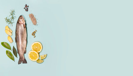 Trout with herbs and spices, lemon, on a light blue background. Flat plan top view. With copy space for your text.の写真素材