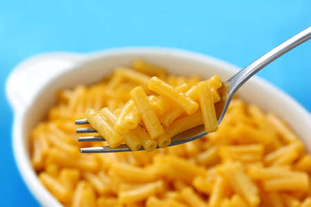 macaroni and cheese on blue backgroundの写真素材