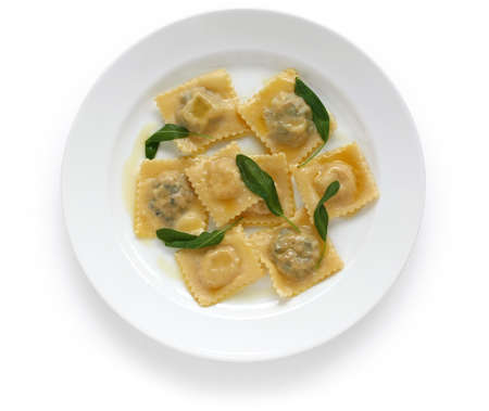 homemade ravioli pasta with sage butter sauce , italian foodの写真素材