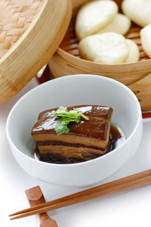 chinese braised pork belly, dongpo pork, with bunsの写真素材