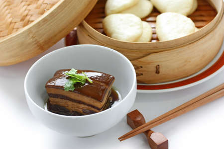 chinese braised pork belly, dongpo pork, with bunsの写真素材