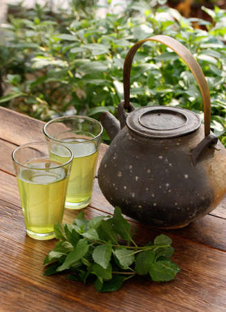 japanese teapot and green herbal teaの写真素材