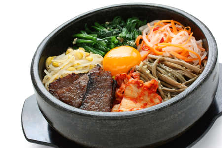 bibimbap in a heated stone bowl, korean dishの写真素材