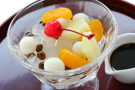mitsumame with fruits, japanese summer dessert of agar jelly cubesの写真素材