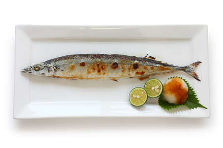 broiled pacific saury with salt, japanese cuisine