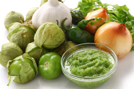 tomatillo salsa verde ingredients, mexican cuisineの写真素材