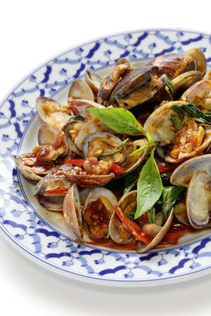 stir fried clams with roasted chili paste and thai sweet basil, thai cuisineの写真素材