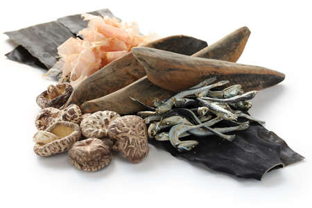 japanese umami taste, ingredients of dashi(japanese soup stock), katsuobushi,kombu,niboshi and hoshi shiitakeの写真素材