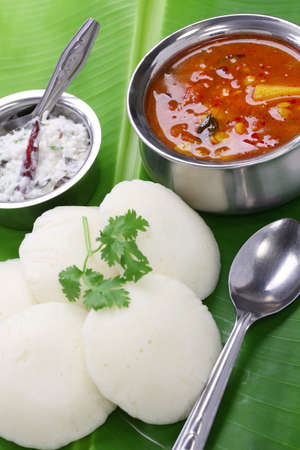 idli, sambar and coconut chutney, south indian breakfast on banana leaf