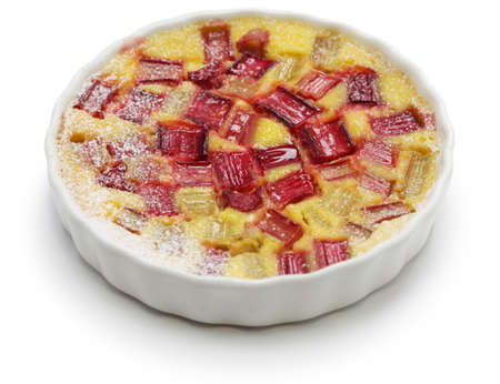 rhubarb pudding cake on white backgroundの写真素材