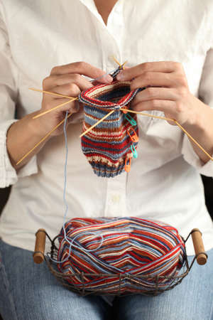 close up of woman hands knittingの写真素材