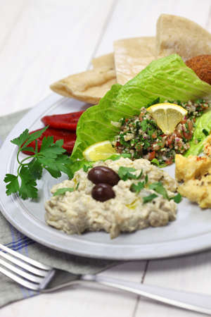 hummus, falafel, baba ghanoush, tabbouleh and pita, middle eastern cuisineの写真素材