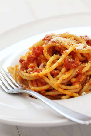 amatriciana, italian tomato sauce pastaの写真素材