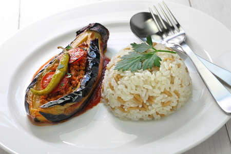 karniyarik pilav stuffed eggplant with pilaf turkish cuisineの写真素材