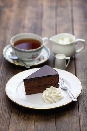 homemade sachertorte Austrian chocolate cake and tea