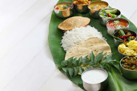 south indian meals on banana leafの写真素材