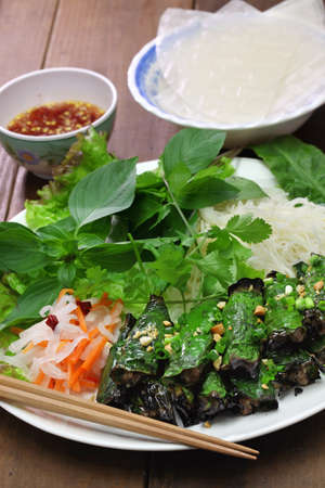 grilled minced beef wrapped in betel leaf, vietnamese cuisine, thit bo nuong la lotの写真素材