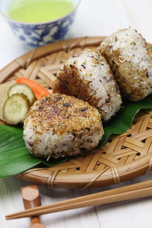 yaki onigiri, grilled rice balls, japanese food isolated on white background