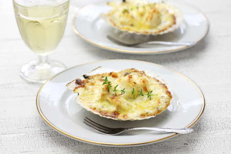 coquilles saint jacques gratin, french scallop cuisineの写真素材