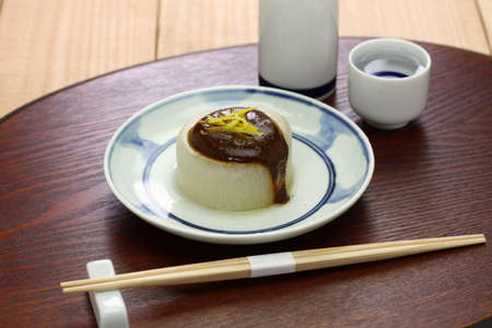 Furofuki daikon simmered Japanese radish served with miso sauce, vegetarian cuisineの写真素材