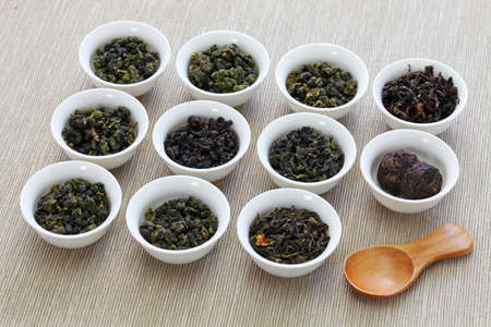 Taiwanese tea assortment: iron goddess tea, oolong tea and pu-erh tea