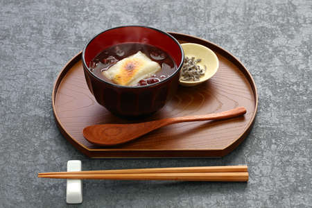 Oshiruko, a sweet red bean soup with grilled mochi (rice cake), a traditional japanese dessert