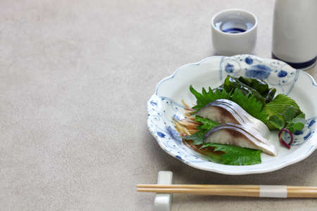 simesaba, japanese salted and vinegared mackerel sashimiの写真素材