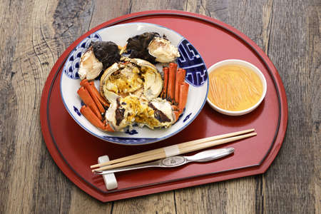 Boiled Japanese mitten crab (detached shell from body).
This crab is the same kind of crab as the Shanghai hairy crab.の写真素材